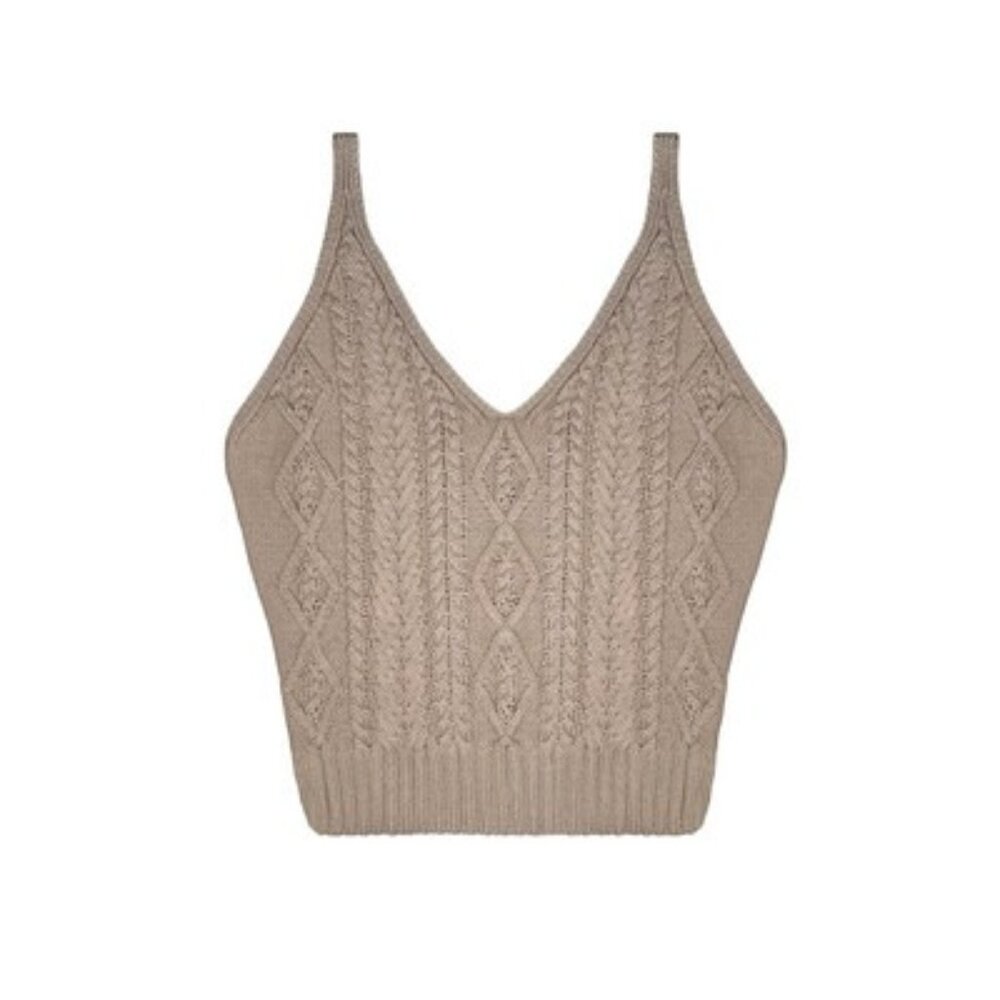 Classic Beige Cotton Cable Knit V-Neck Tank Top by Canada Knitwear